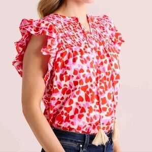 THML Pink and Red Heart Print Ruffle Sleeve Blouse